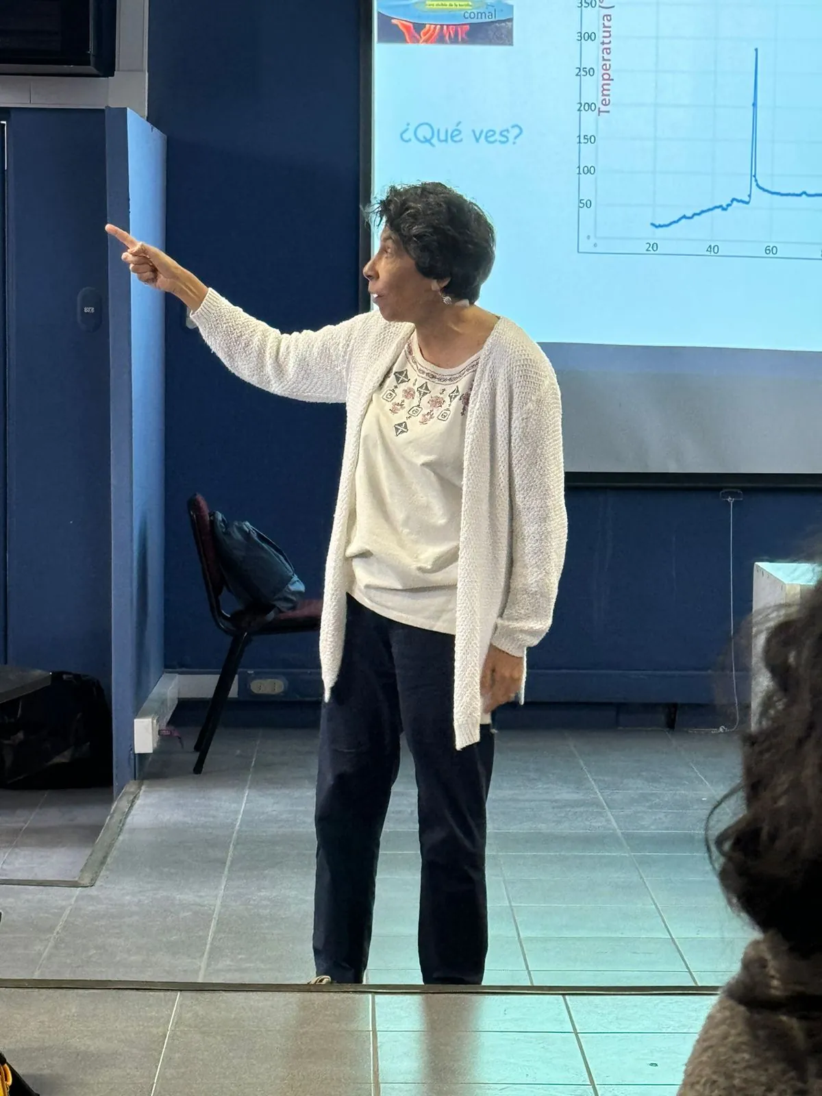 Una formadora señala una gráfica durante una clase
